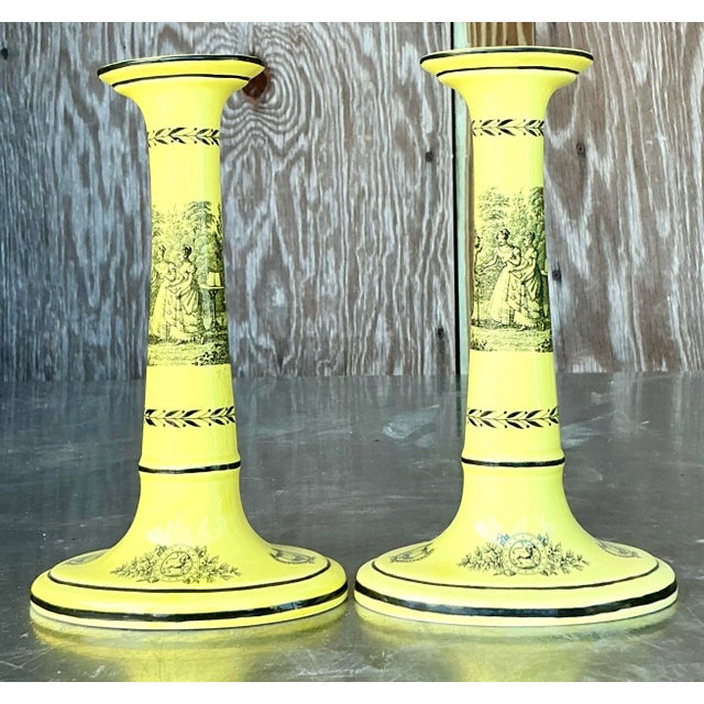 Late 20th Century Vintage Regency Mottahedah for Creil Toile Candlesticks - a Pair For Sale - Image 5 of 7