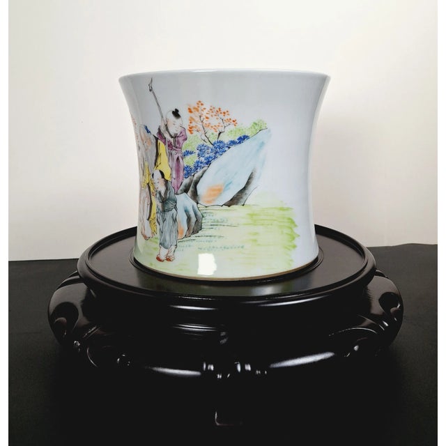 Chinese porcelain Fuxing bitong, a large, finely formed, brush pot with gently sloping sides, with saturated, pastel gazes...