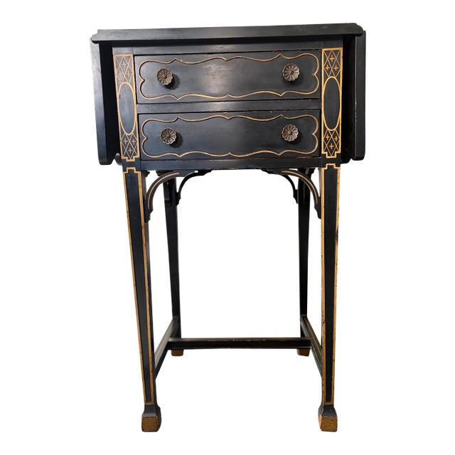 Mid 20th Century Chinoiserie Hand-Painted Black & Gold Drop-Leaf Server For Sale