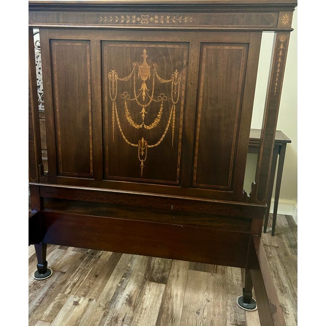 Victorian Extra Long, Victorian/Napoleon III Era Twin Bed, Headboard, Footboard and Side Rails, Marquetry Inlay, Walnut, C1870’s For Sale - Image 3 of 12