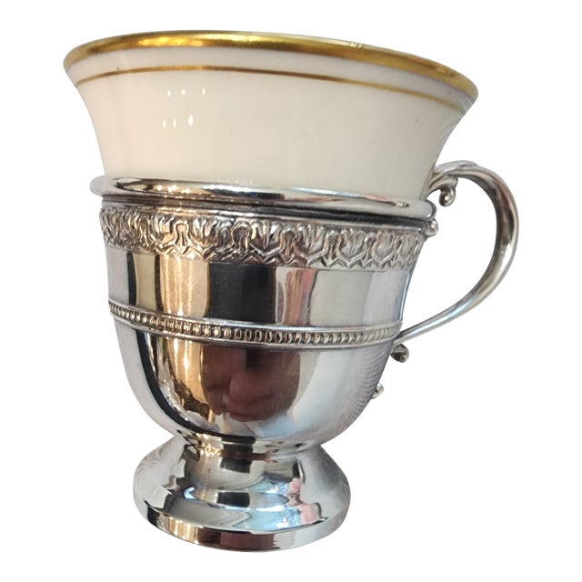 Vintage Set of 6 Sterling Silver Demitasse Cups With Lenox Inserts in Case For Sale