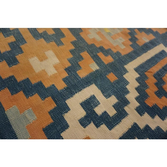 Brown 1930s Blue Orange Geometric Antique Indian Cotton Dhurrie Carpet Flatwoven Rug For Sale - Image 8 of 12