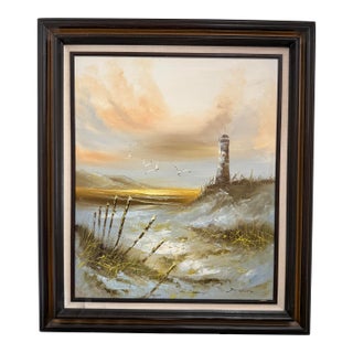 Vintage Coastal Lighthouse |Signed Oil on Canvas Seascape For Sale