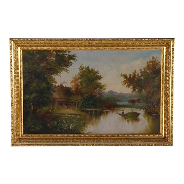 Hudson River School Oil on Canvas Painting of a River Scene 1890 For Sale