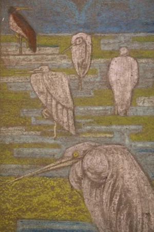 French Artist, Birds, 1920s, Pastel on Wallpaper