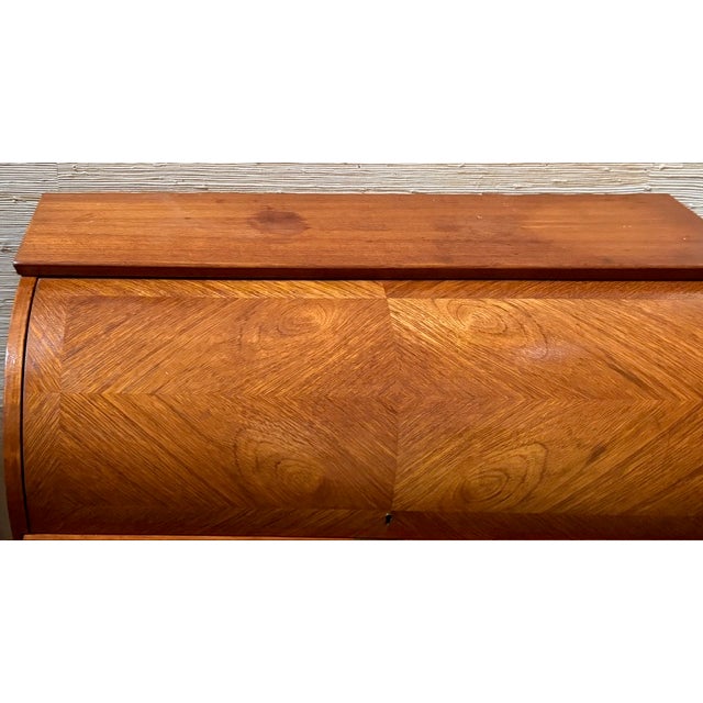 Mid Century Swedish Bookmatched Teak Roll Top Secretary Desk by Egon Ostergaard for Smi, Signed For Sale - Image 4 of 13