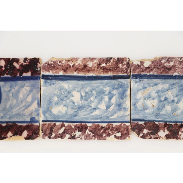 18th Century Antique Portuguese Strip of Four Brown and Blue Spongeware Tiles For Sale - Image 4 of 9