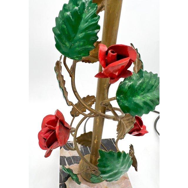 Vintage Floral Tole Table Lamp With Marble Base - Hollywood Regency, Cottagecore, Italian Style For Sale - Image 12 of 13