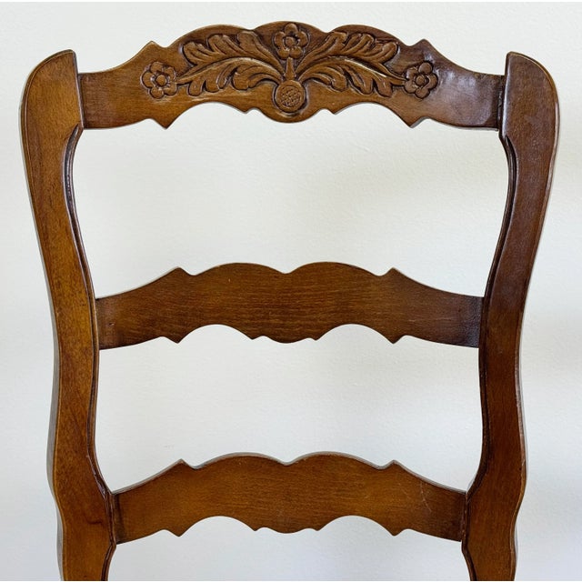 Wood Vintage French Country Rush Seat Carved Wood Chairs, Pair For Sale - Image 7 of 10