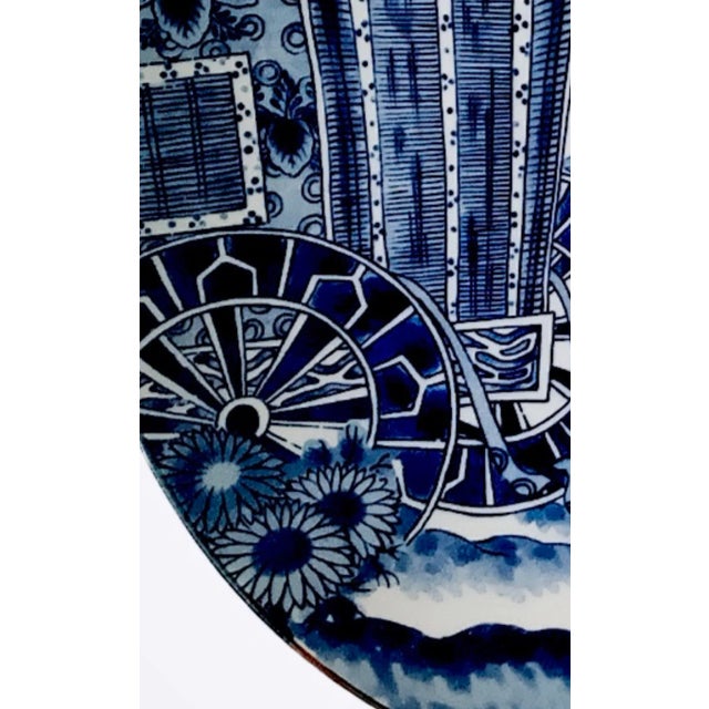 Vintage Large Chinoiserie Japanese Arita Ware White and Blue Porcelain Charger / Wall Plate Rickshaw Japan For Sale In Miami - Image 6 of 12