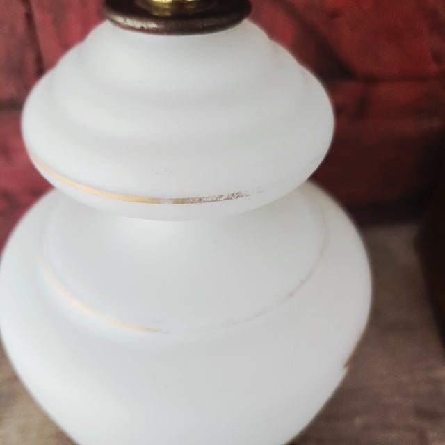 Vintage Milk Glass Table Lamp With Gold Floral Design & Brass Base For Sale - Image 4 of 18