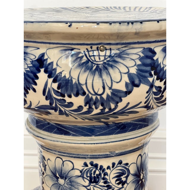 Early 20th Century Vintage Hand-Painted Blue & White Ceramic Garden Stool For Sale - Image 5 of 9