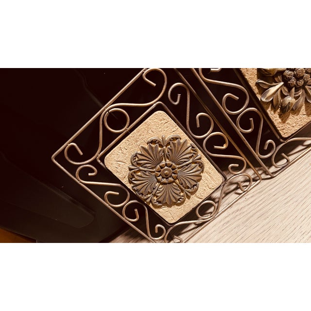 Art Deco 2 Decorative, Ornate Iron Framed Ceramic Tile Plaques With Applied Iron Cast Geometric/Floral Designs For Sale - Image 3 of 4