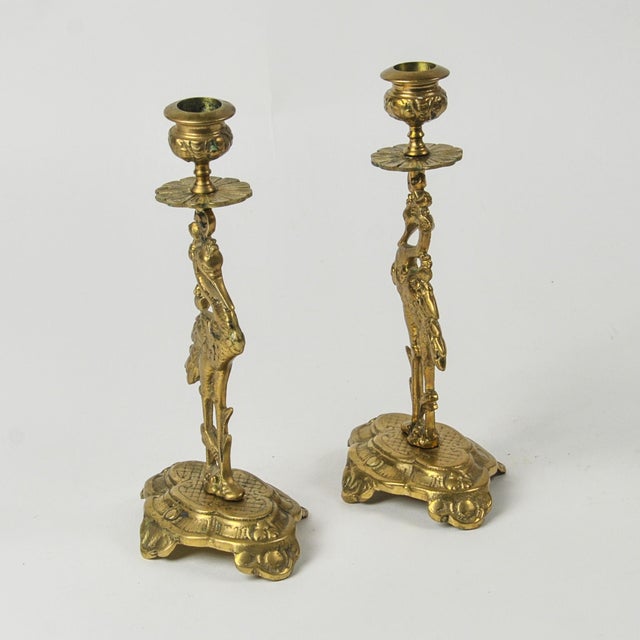 Art Nouveau Style Vintage Brass Crane Candlestick Pair For Sale - Image 10 of 12