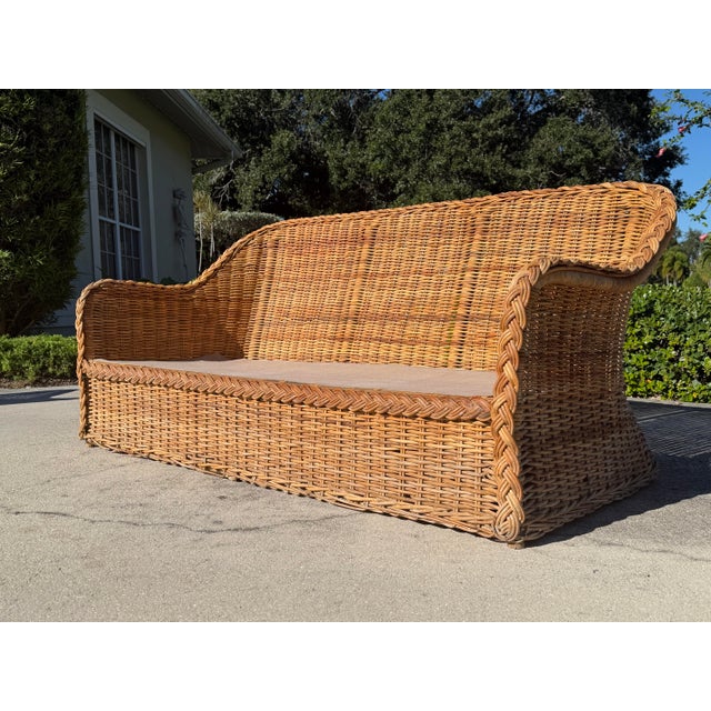 Vintage 72” Handwoven Rattan Sofa With Large Braid Trim For Sale - Image 9 of 12