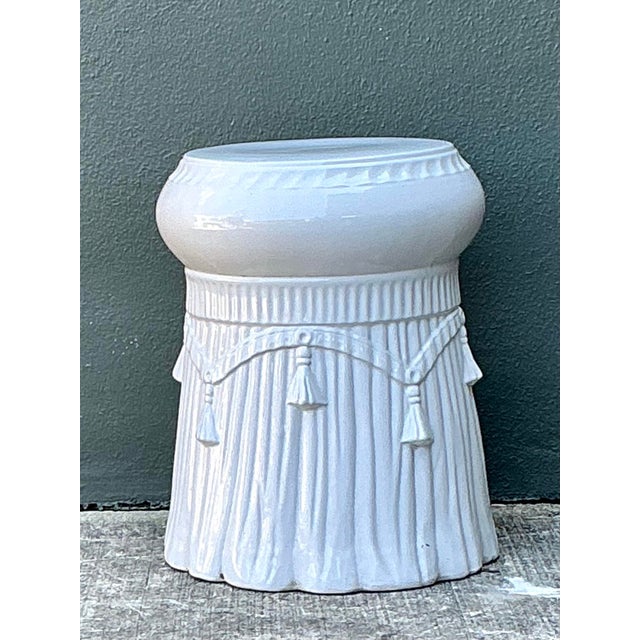 White Vintage Italian Rope and Tassel Glazed Ceramic Low Stool For Sale - Image 8 of 12