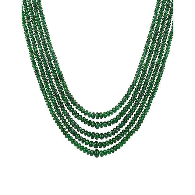 300ct Fine Emerald Beads 5 Line Necklace with 14 kt Yellow Gold Clasp Adjustable For Sale - Image 17 of 18