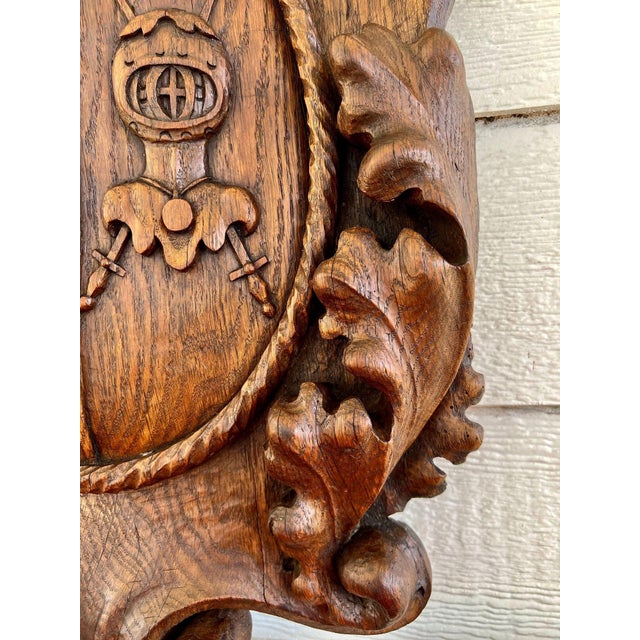 Antique French Gothic Wall Plaque Coat of Arms Carved Oak Renaissance C1890 For Sale - Image 13 of 18