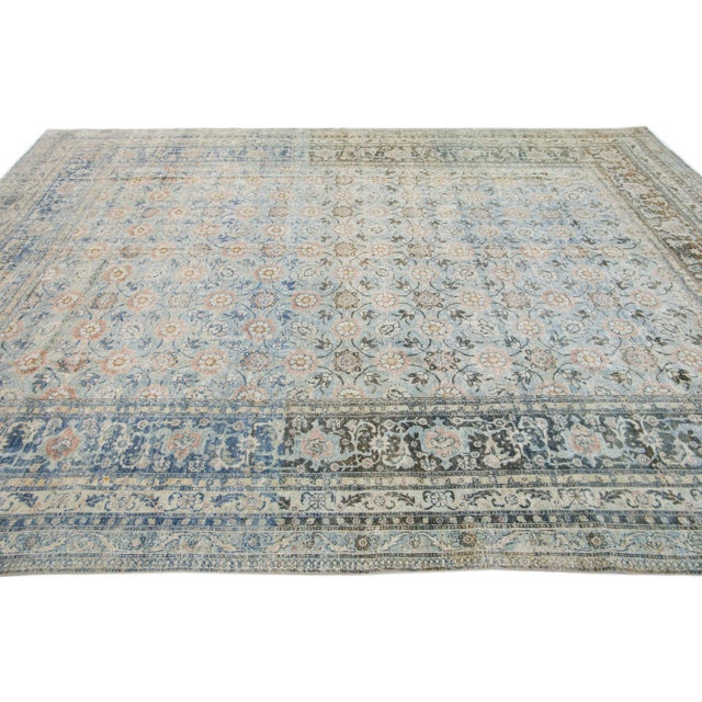 Late 19th Century 19th Century Antique Persian Tabriz Wool Rug Handmade Blue With Floral Motif For Sale - Image 5 of 7