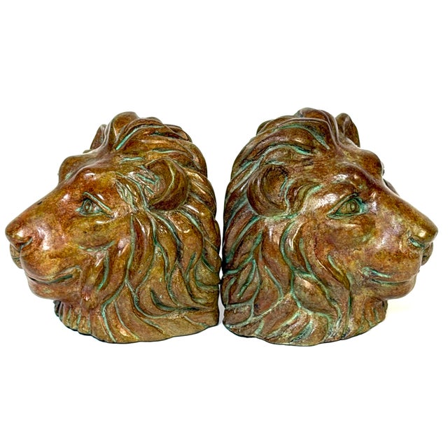 Pair of Regal Bronze Lion Head Bookends with Verdigris Patinated Highlights For Sale - Image 10 of 11