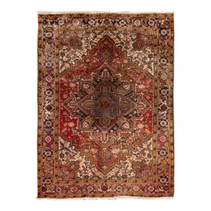 Vintage Persian Heriz Handmade Red Medallion Wool Rug