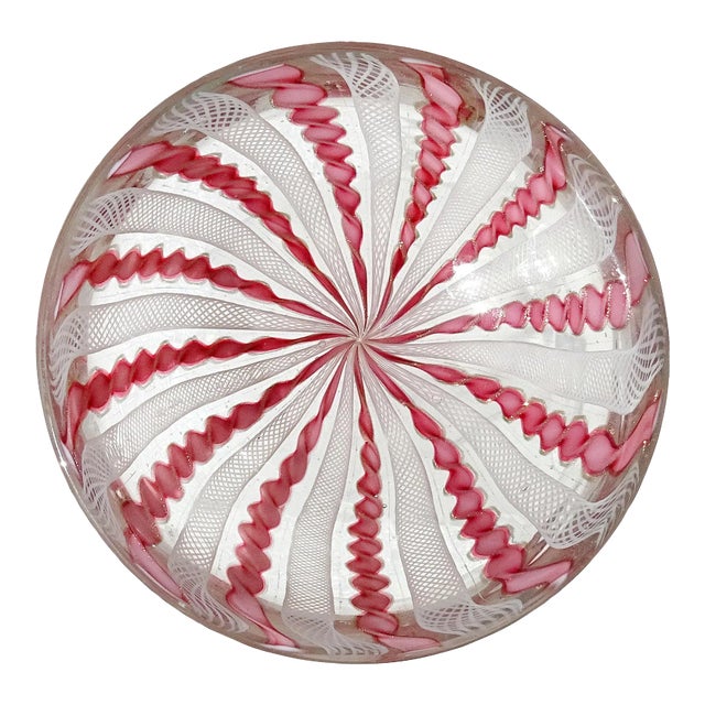 Murano Fratelli Toso Vintage Pink White Copper Aventurine Twisting Ribbons Italian Art Glass Bowl For Sale