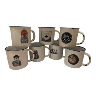 Seven Nautical White Distressed Ceramic Mugs For Sale