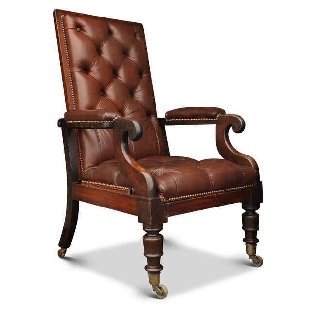 Brown William IV Leather Button Back Reclining Library Chair on Brass Castors For Sale - Image 8 of 8