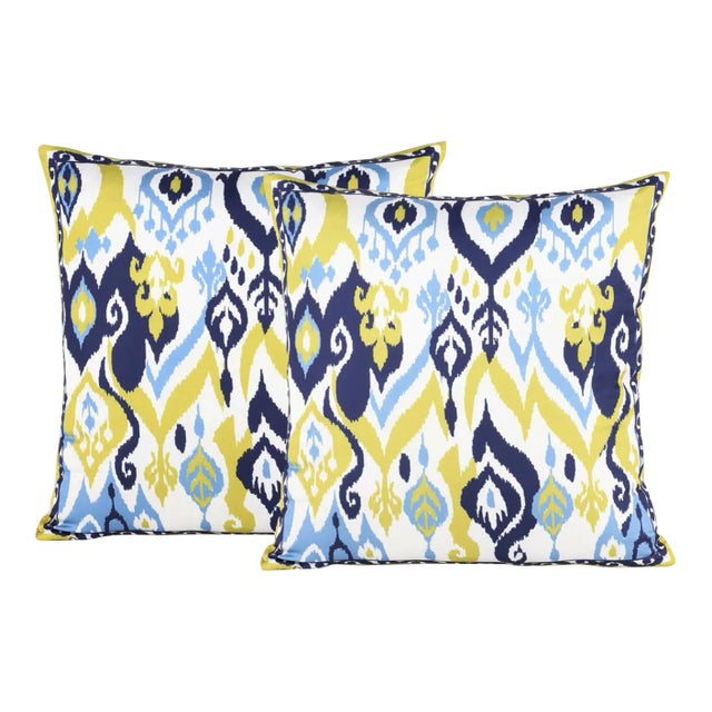 Boho Chic Silk Ikat Ivory Blue Cushion Pillow - a Pair For Sale