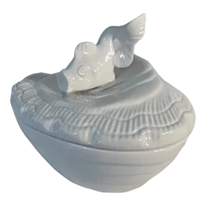 Vintage White Seashell Ceramic Dish With Koi Fish Handled Lid
