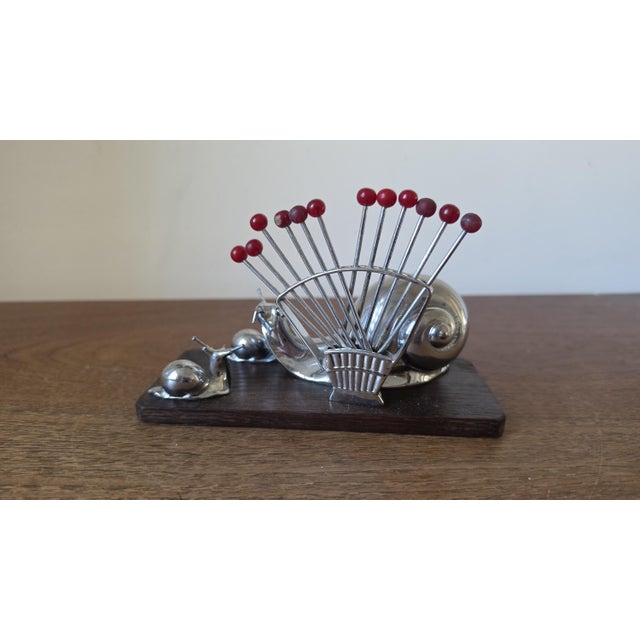 Vintage Snail Cocktail Pick Holder Mid Century Barware Chrome Snail Toothpick Holder Atomic Era Martini Olive Picks For Sale - Image 6 of 9