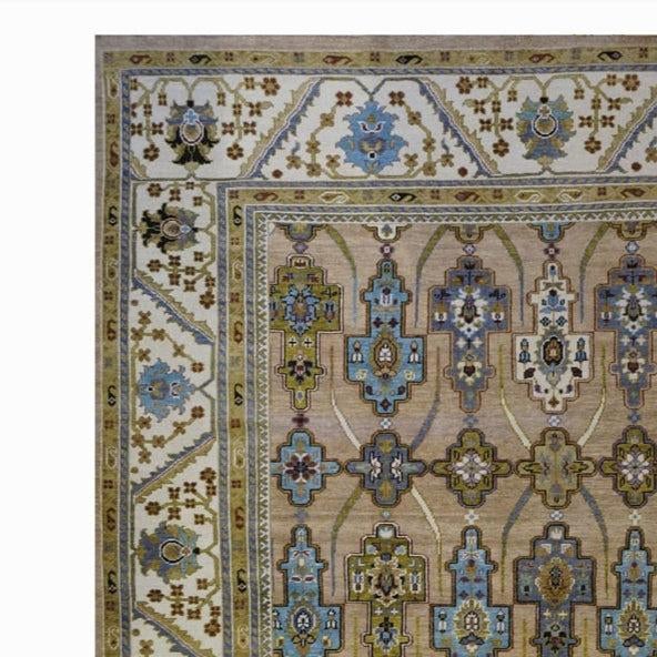 Afghan Sultanabad Wool 12 x 15 Taupe, Olive, Ivory & Light Blue Handmade Area Rug #1143762