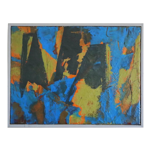 1992 Modernist 'Cobalt Collision' Vintage Original Abstract Oil Painting, Framed For Sale