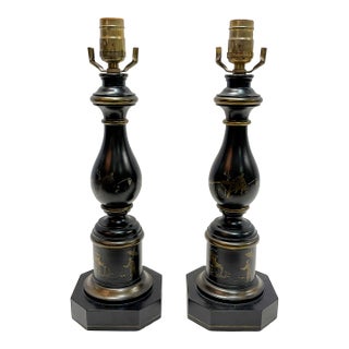 Vintage Wood Table Lamps With Gold Painted Chinoiserie Designs- A Pair For Sale