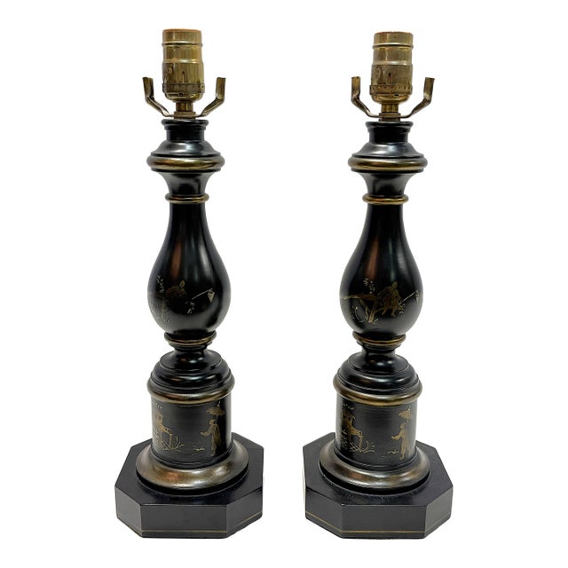 Vintage Wood Table Lamps With Gold Painted Chinoiserie Designs- A Pair For Sale