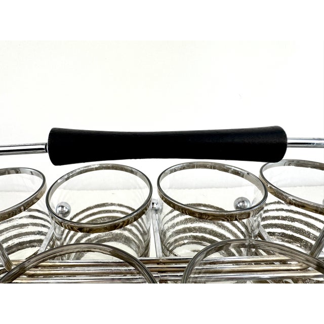 Mid-Century Modern 1960s Mid-Century Modern Silver Rim Cocktail Glasses With Chrome Carrier - Set of 8 For Sale - Image 3 of 10