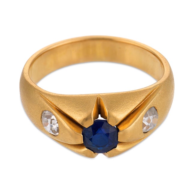 Victorian 1900-1909 Victorian Sapphire Old European Cut Diamond 18k Yellow Gold Ring, Size 10.75 For Sale - Image 3 of 6