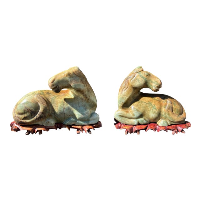Late 20th Century Carved Hardstone Reclining Horse Sculptures on Organic Wood Bases - a Pair For Sale