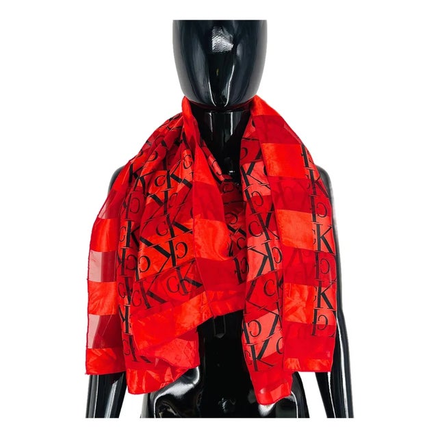 Calvin Klein Red Monogram 100% Silk Scarf | Chairish