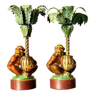 Vintage Boho Monkey Palm Tree Candlesticks - a Pair For Sale