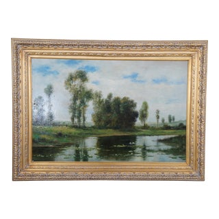 Mid 20th Century Vintage Impressionist Style Water Lily Pad Landscape Painting Oil on Canvas, Framed For Sale