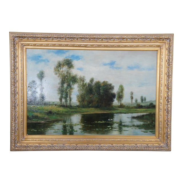 Mid 20th Century Vintage Impressionist Style Water Lily Pad Landscape Painting Oil on Canvas, Framed For Sale