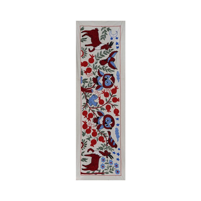 Mid-Century Modern Colorful Suzani Table Runner – Owl, Deer & Floral Embroidery For Sale - Image 3 of 10