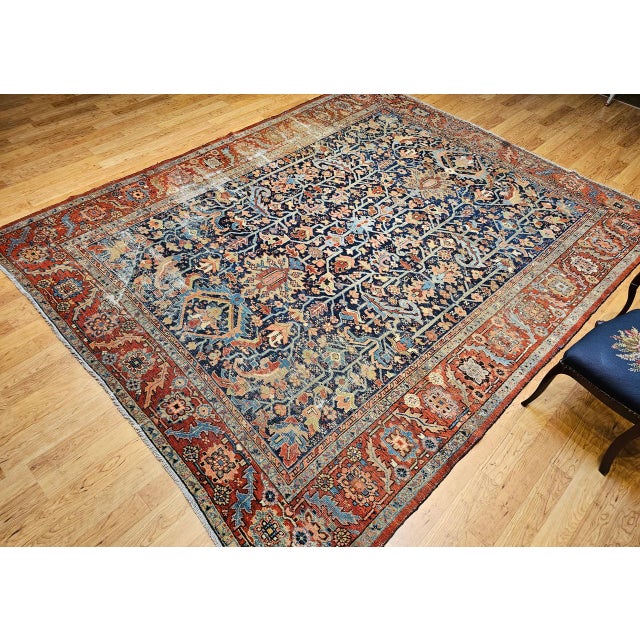 Antique Persian Heriz Serapi Rug, Hand-Knotted Wool, Allover Tree of Life Pattern, Blue & Brick-Red, 9x12 For Sale In Chicago - Image 6 of 18