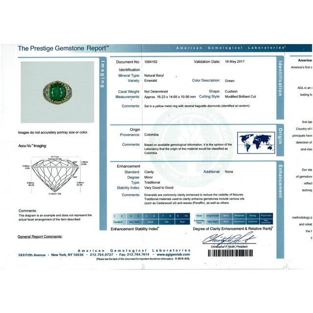 Agl Certified Minor Traditional 15Ct Colombian Emerald & Diamond Ring 18k Unisex For Sale - Image 4 of 8