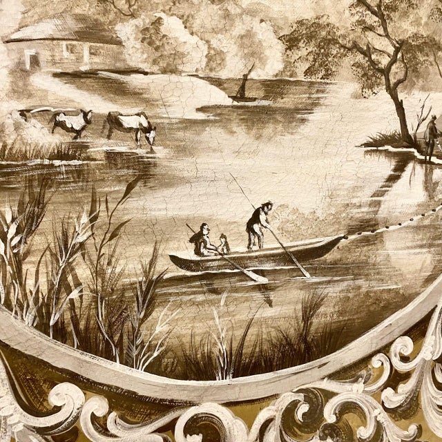 A pair of grisaille tondos, oil paintings on canvas depicting fishermen framed by friezes of scrolls and chevrons,...