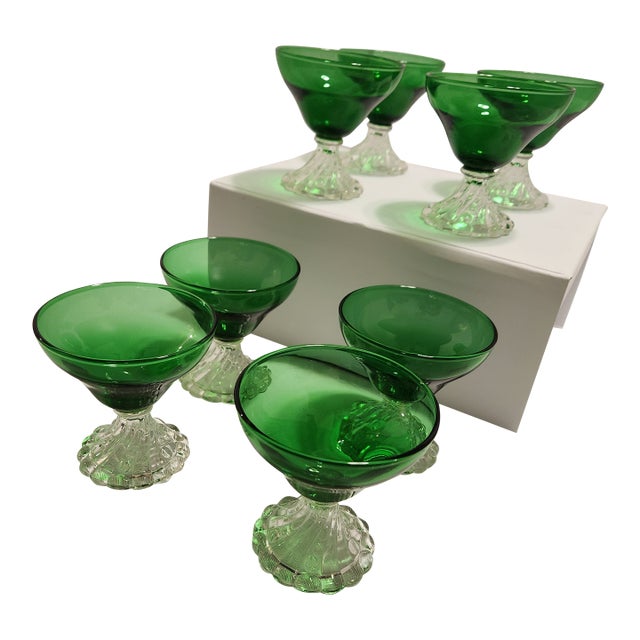 1950s Forest Green "Boopie / Burple" Sherbet Champagne Glasses Anchor Hocking - Set of 8 For Sale