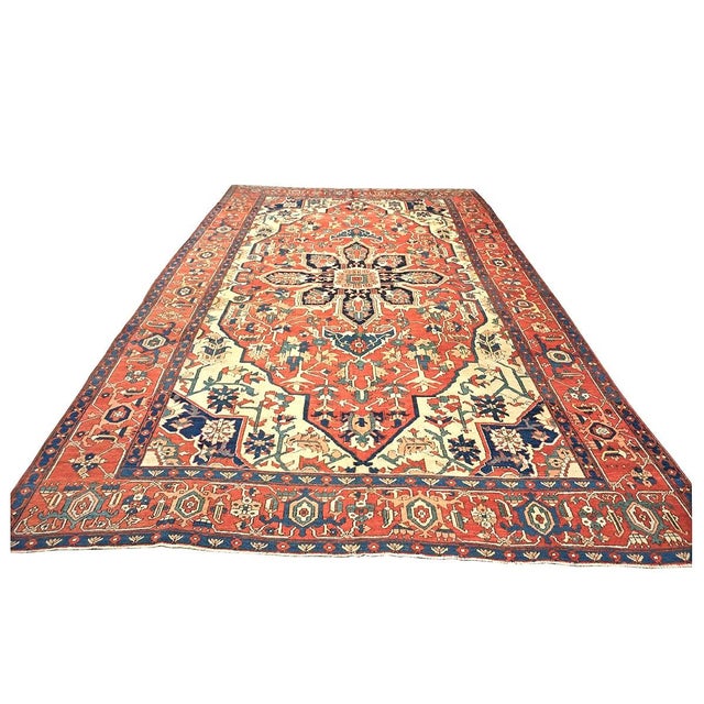 Antique Persian Serapi 10x15 Rust & Navy Handmade Area Rug #1140796 For Sale - Image 4 of 14