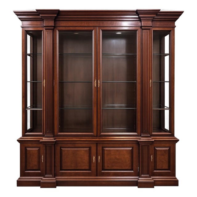 Century Furniture Claridge Mahogany Breakfront China Cabinet / Display Wall Unit For Sale