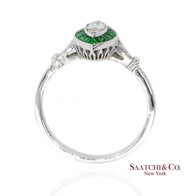 Early 21st Century 18k (750) White Gold Natural Diamond and Tsavorite Marquise Milgrain Ring, Size 6.5 For Sale - Image 5 of 12